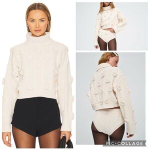 For Love And Lemons Martina Cropped Sweater | Cream Textured Turtleneck Sweater